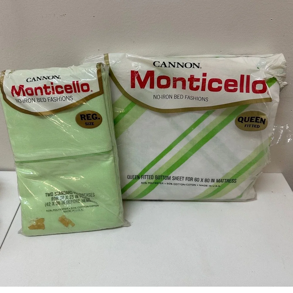 Vintage Cannon Monticello Queen Fitted Sheet & Pillowcases Montauk Stripe Green